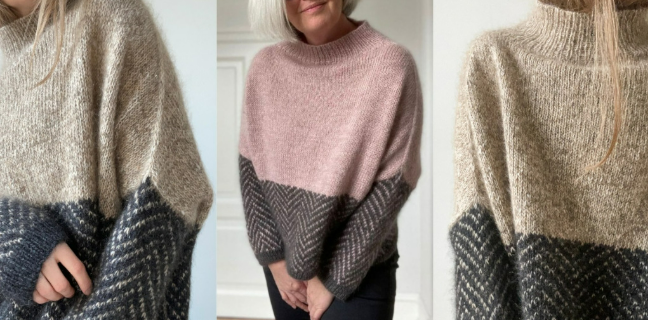 [Вяжи.ру, Aegyo knit] Свитер со спущенным плечом и жаккардовым узором елочкой Jeol (2024)